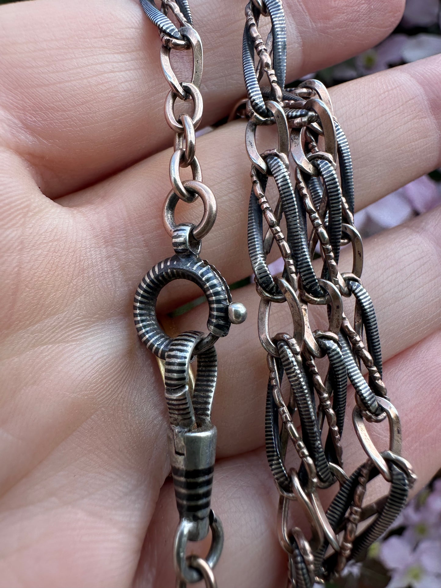 Antique 800 Silver Niello and Rose gold plated Albert with dog clip and bolt clasp