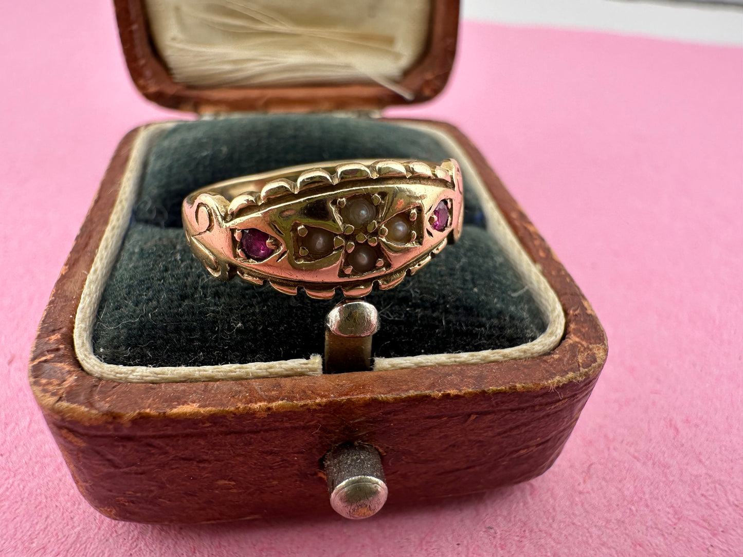 Victorian 9ct Gold Seed Pearl and Ruby Boat ring