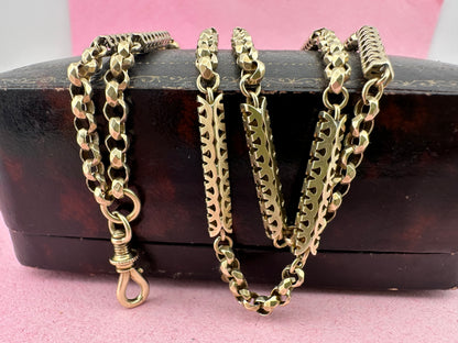 Antique 9ct Gold Fancy Bar and faceted Belcher chain with screw top dogclip