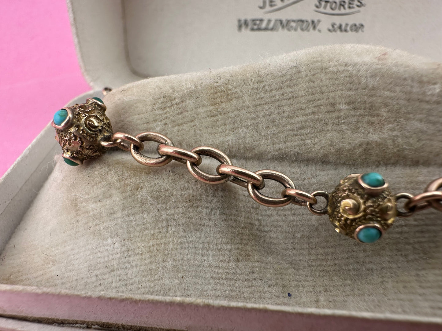 Antique 9ct Rose Gold Turquoise Orb and cable link bracelet with bolt clasp