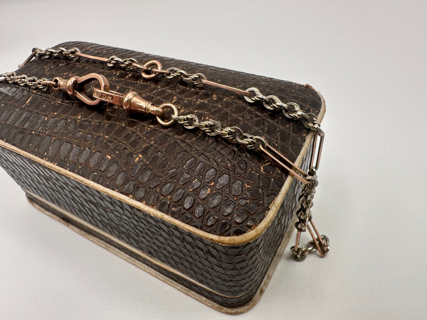 Antique 9ct Rose and White Gold Trombone and Lovers Knot chain