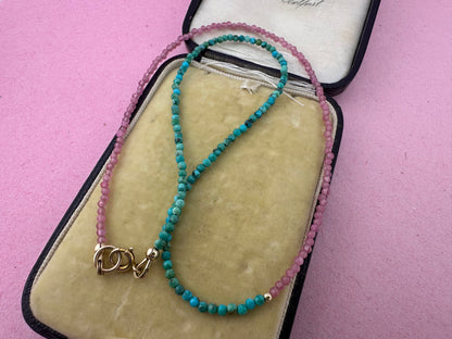 Blush & Tide- Pink Tourmaline and turquoise mini beaded necklace with 9ct gold antique bolt clasp