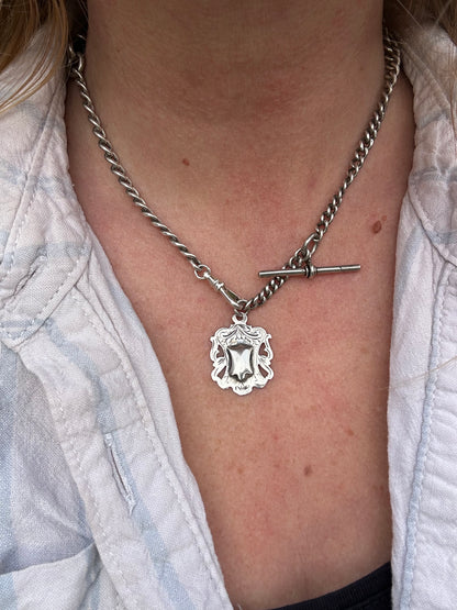 Sterling Silver Graduated Curb Albert with dog clip, fob and T-Bar