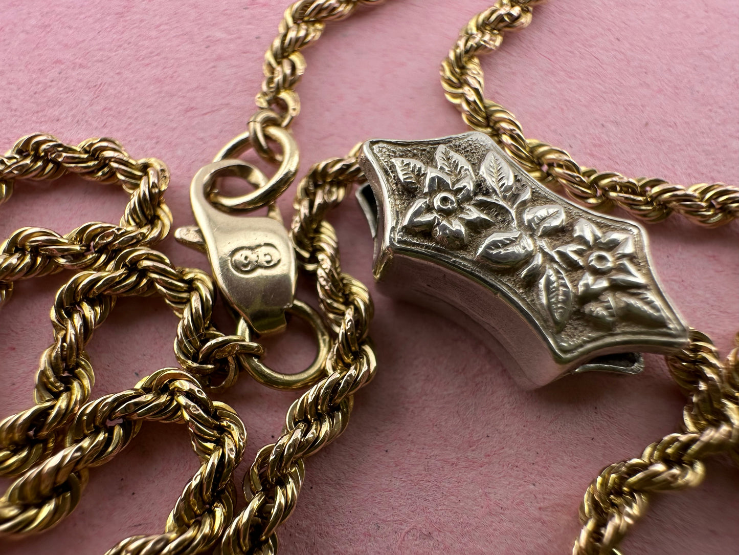 Vintage 9ct Gold Rope chain with Antique silver floral slider
