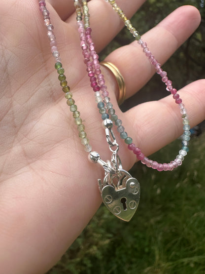 Ombré Tourmaline Mini Beaded necklace with Vintage Sterling Silver Heart Padlock