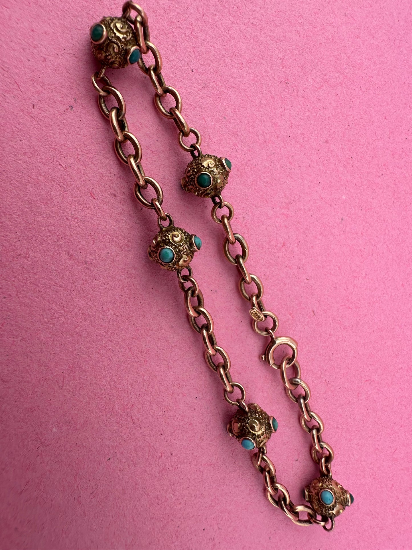 Antique 9ct Rose Gold Turquoise Orb and cable link bracelet with bolt clasp