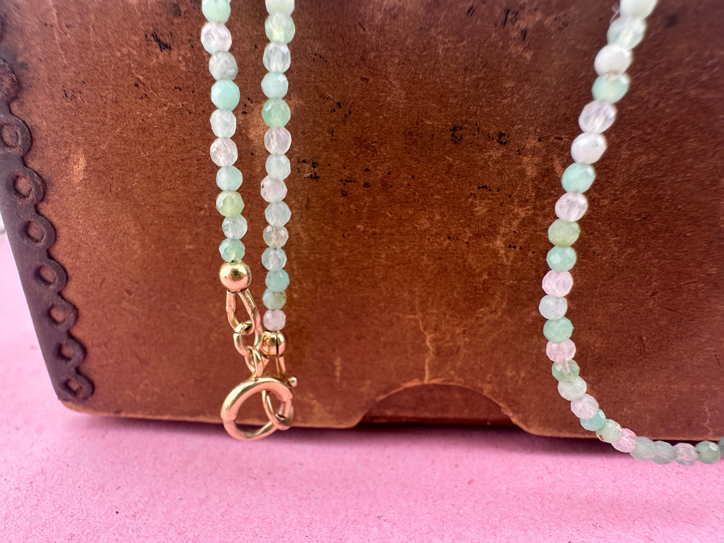Asymmetrical Australian Chyrsoprase mini beaded necklace with 9ct Bolt clasp and oval bead