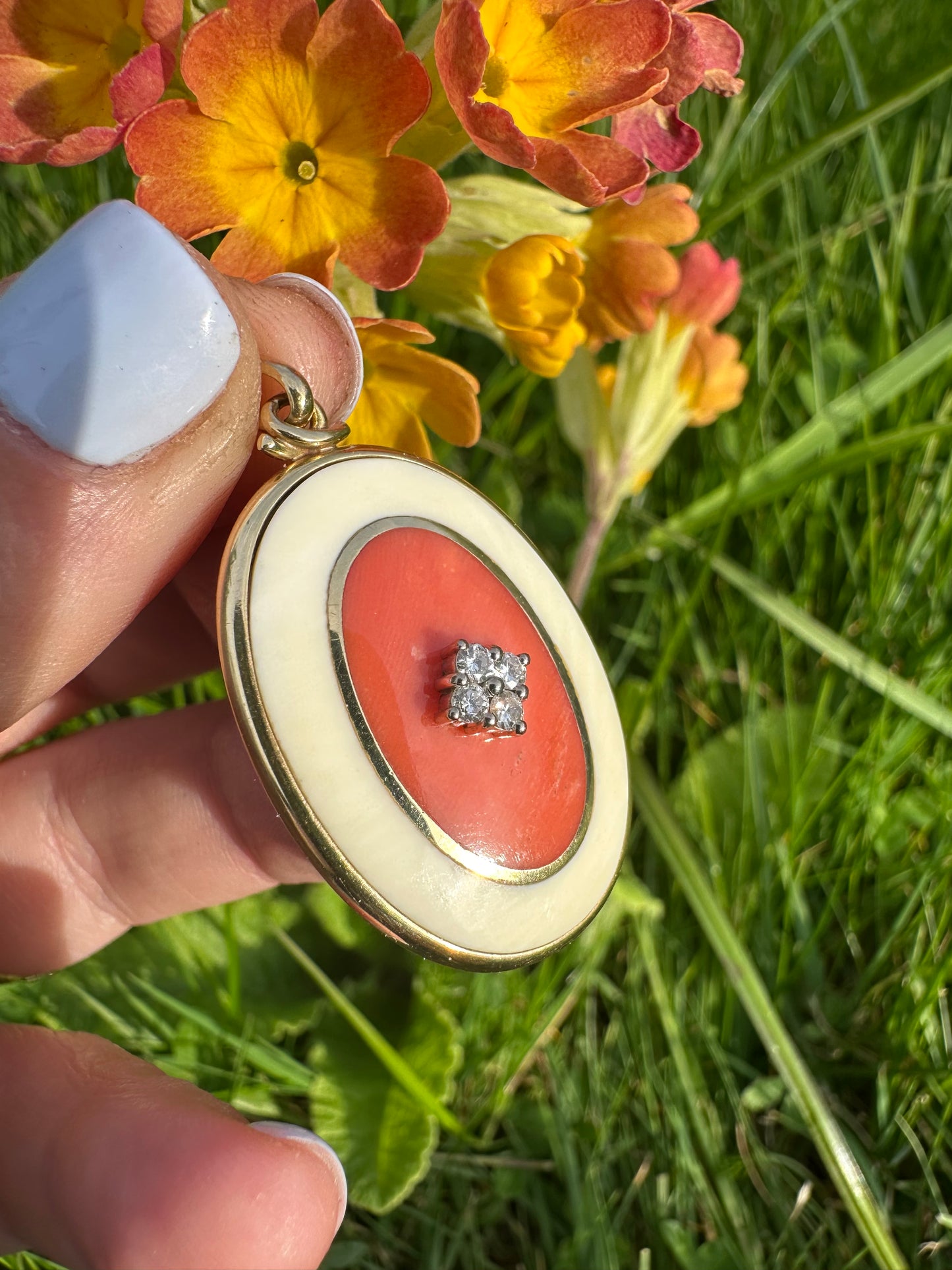 14ct Gold Coral and Diamond Pendant