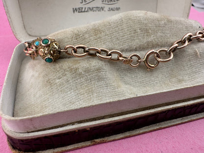 Antique 9ct Rose Gold Turquoise Orb and cable link bracelet with bolt clasp