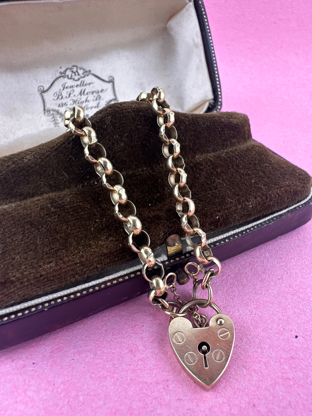Vintage 9ct Rolo Belcher bracelet with heart padlock