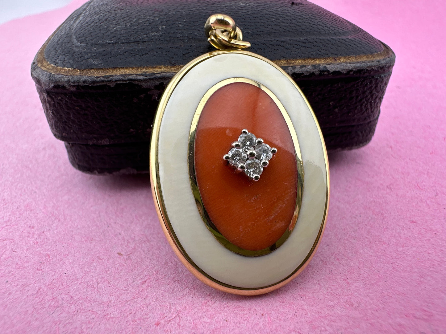 14ct Gold Coral and Diamond Pendant