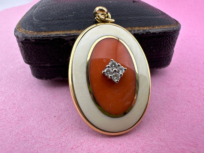14ct Gold Coral and Diamond Pendant