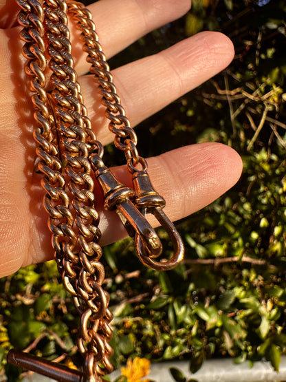 Antique 9ct Rose Gold Graduated Curb Albert chain with double faceted dog clips and fixed T-bar