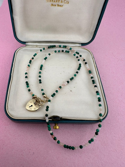 Peony- Pink Opal and Malachite mini bead necklace with vintage heart padlock