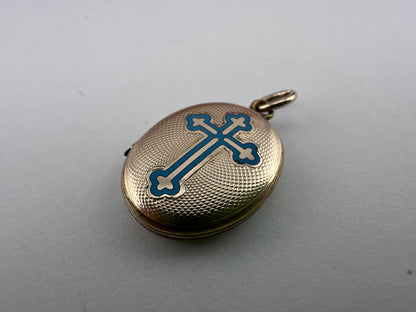 Antique 9ct Gold front and back Blue Enamel cross locket.