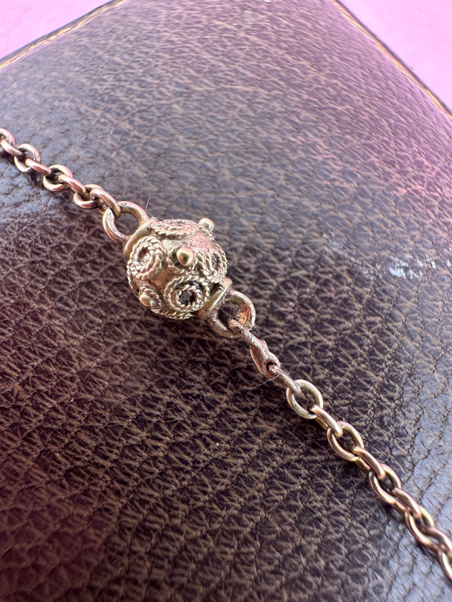 Antique 9ct Light Rose Gold Etruscan revival Orb Station chain