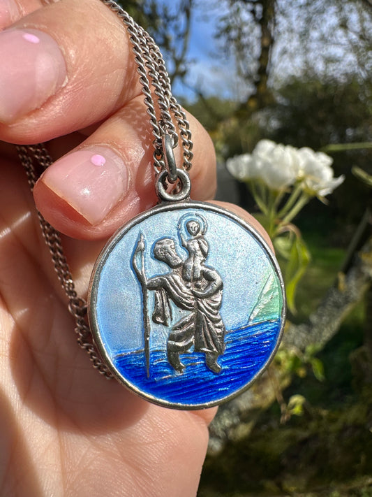 Sterling Silver Enamel St Christopher on a curb chain