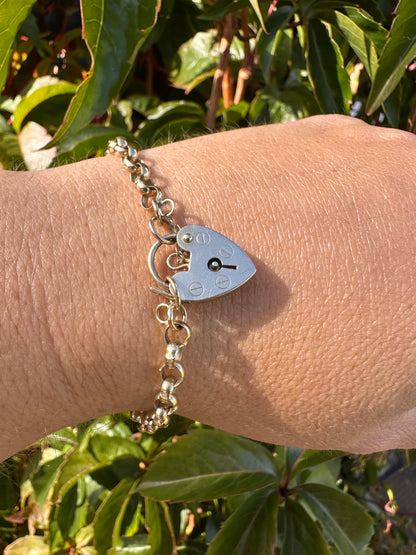 Vintage 9ct Rolo Belcher bracelet with heart padlock