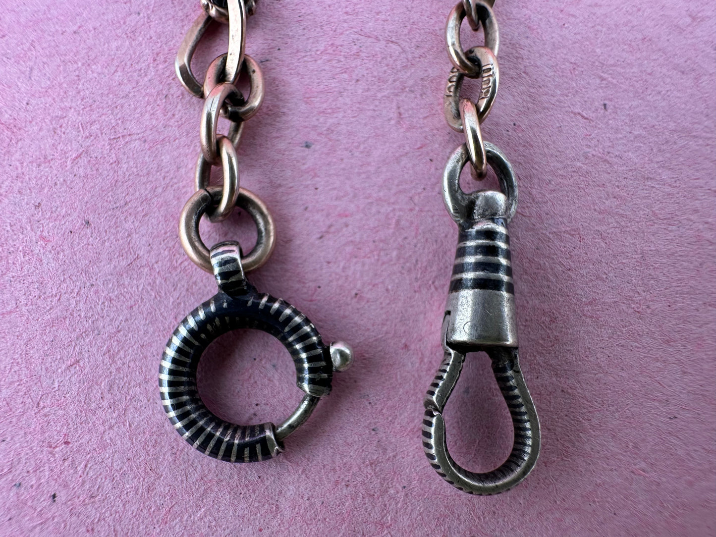 Antique 800 Silver Niello and Rose gold plated Albert with dog clip and bolt clasp