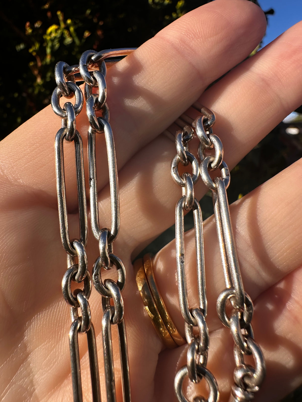 Antique Sterling Silver Trombone Albert chain with double dog clips and fixed T-bar
