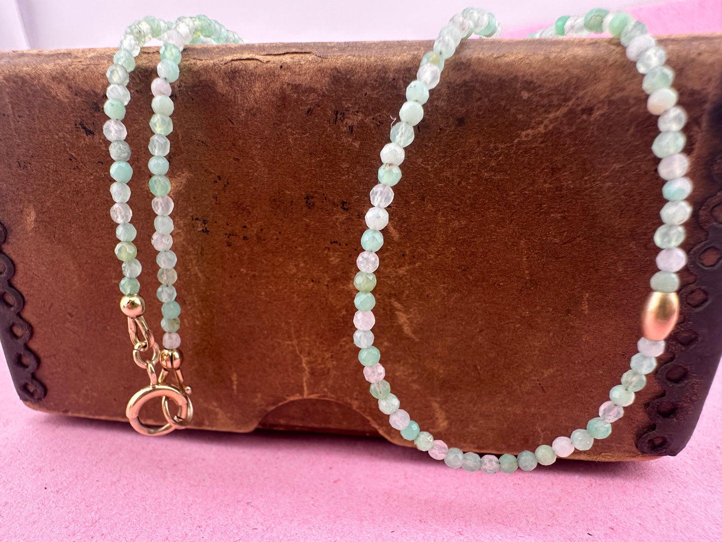 Asymmetrical Australian Chyrsoprase mini beaded necklace with 9ct Bolt clasp and oval bead