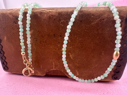 Asymmetrical Australian Chyrsoprase mini beaded necklace with 9ct Bolt clasp and oval bead