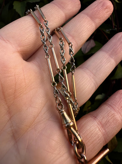 Antique 18ct Bi-Colour Bar & Lovers Knot Albert chain with 18ct dog clip & 9ct T-Bar.