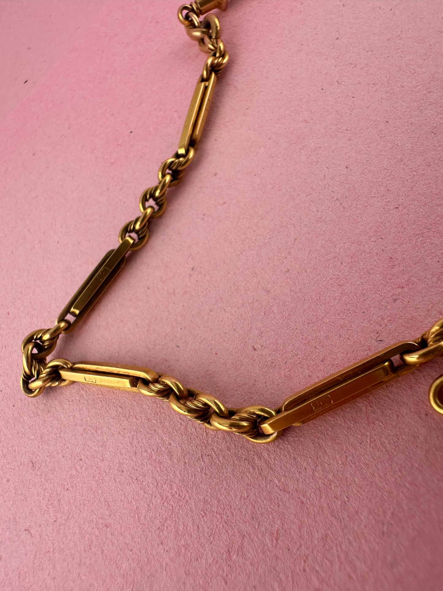 Antique 9ct Yellow Gold Trombone & Lovers Knot Albert chain with double dog clips