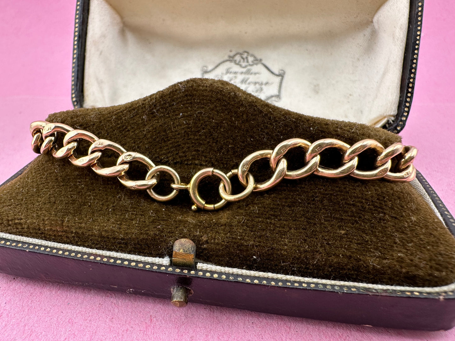 Antique 9ct Peachy Rose gold Curb bracelet with bolt clasp
