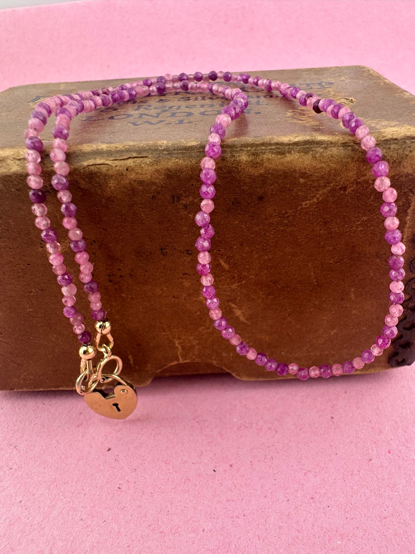 Ruby & Pink Tourmaline mix Mini beads with vintage 9ct Gold heart padlock