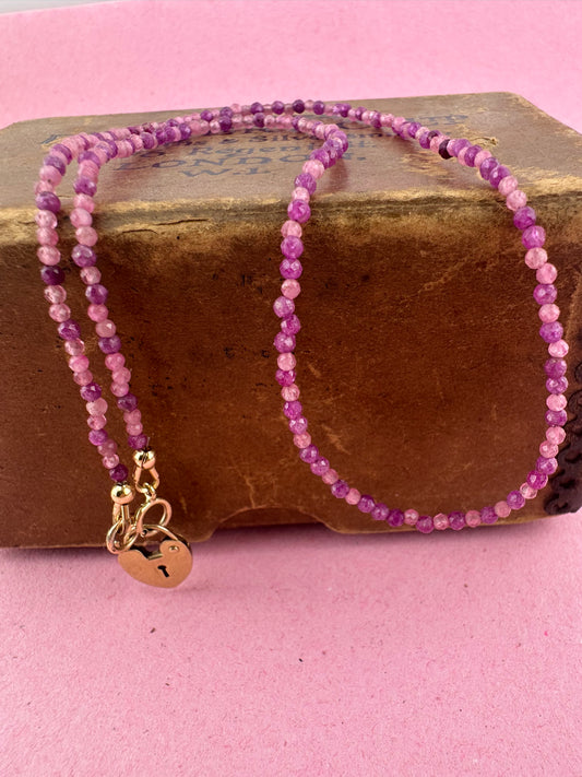 Ruby & Pink Tourmaline mix Mini beads with vintage 9ct Gold heart padlock