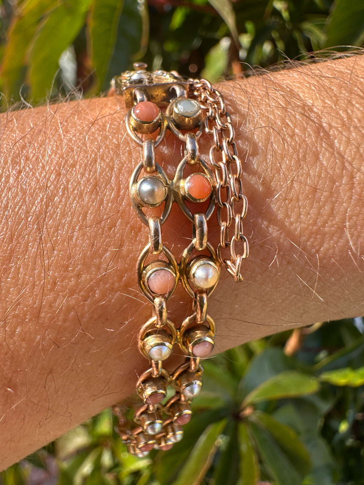 Antique 15ct Gold Coral and Pearl bracelet with stunning barrel clasp