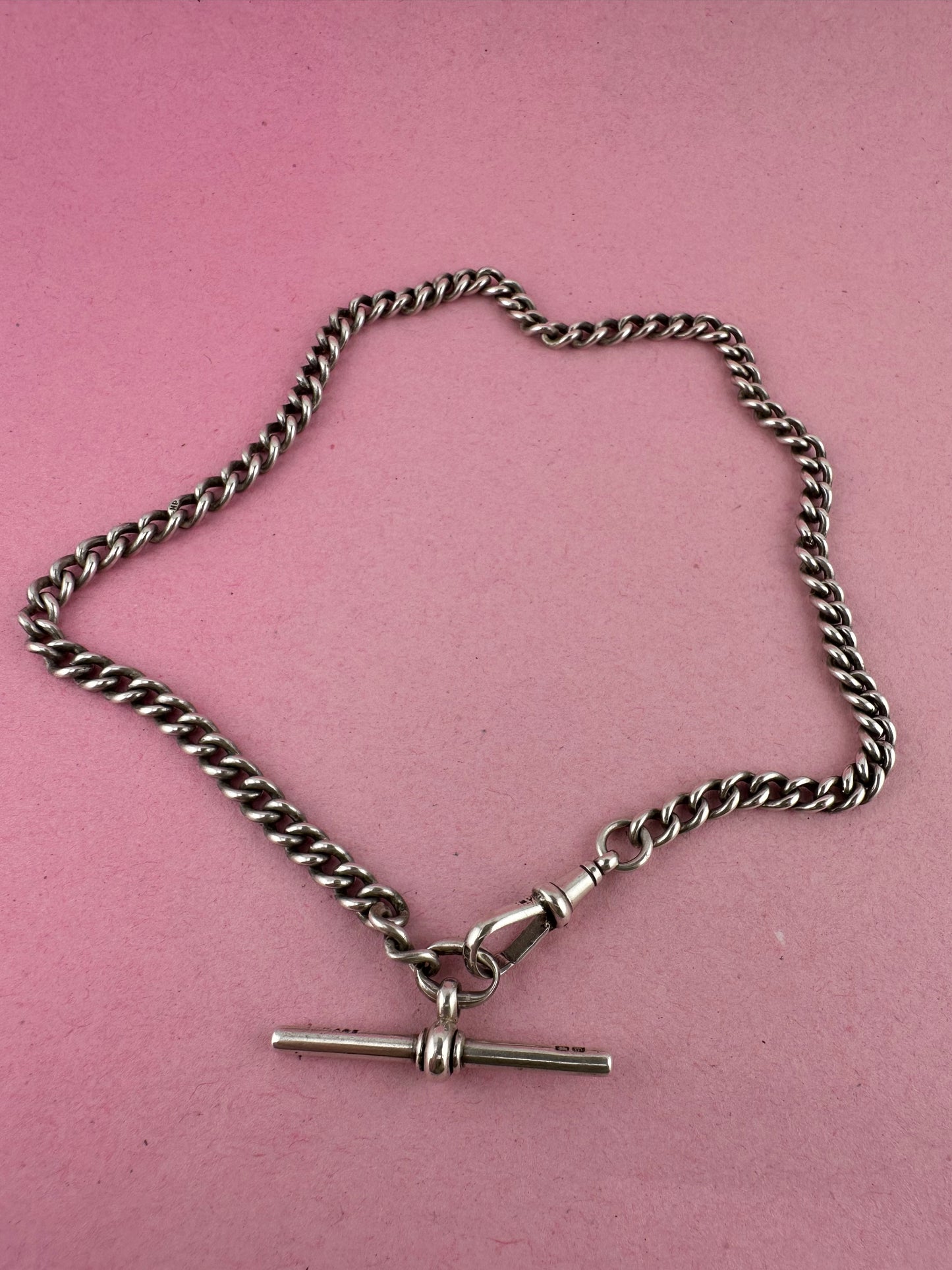 Antique Sterling Silver Ungraduated Curb Albert with dogclip and t-bar