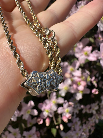 Vintage 9ct Gold Rope chain with Antique silver floral slider