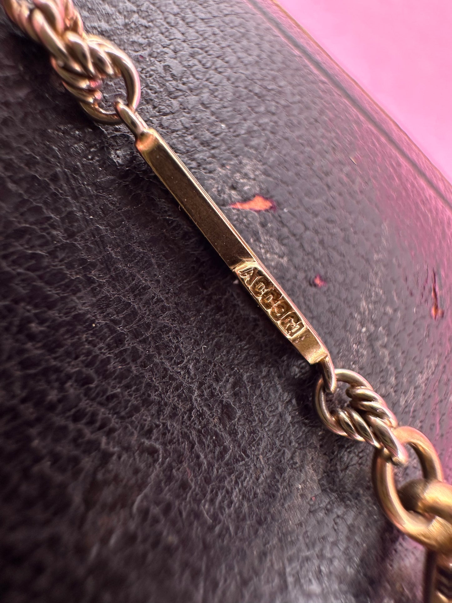 Antique 9ct bi-colour bar and lovers knot Albert chain with floating t-bar, dog clip and bolt clasp
