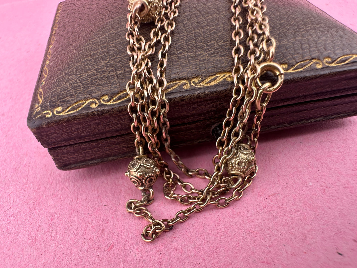 Antique 9ct Light Rose Gold Etruscan revival Orb Station chain