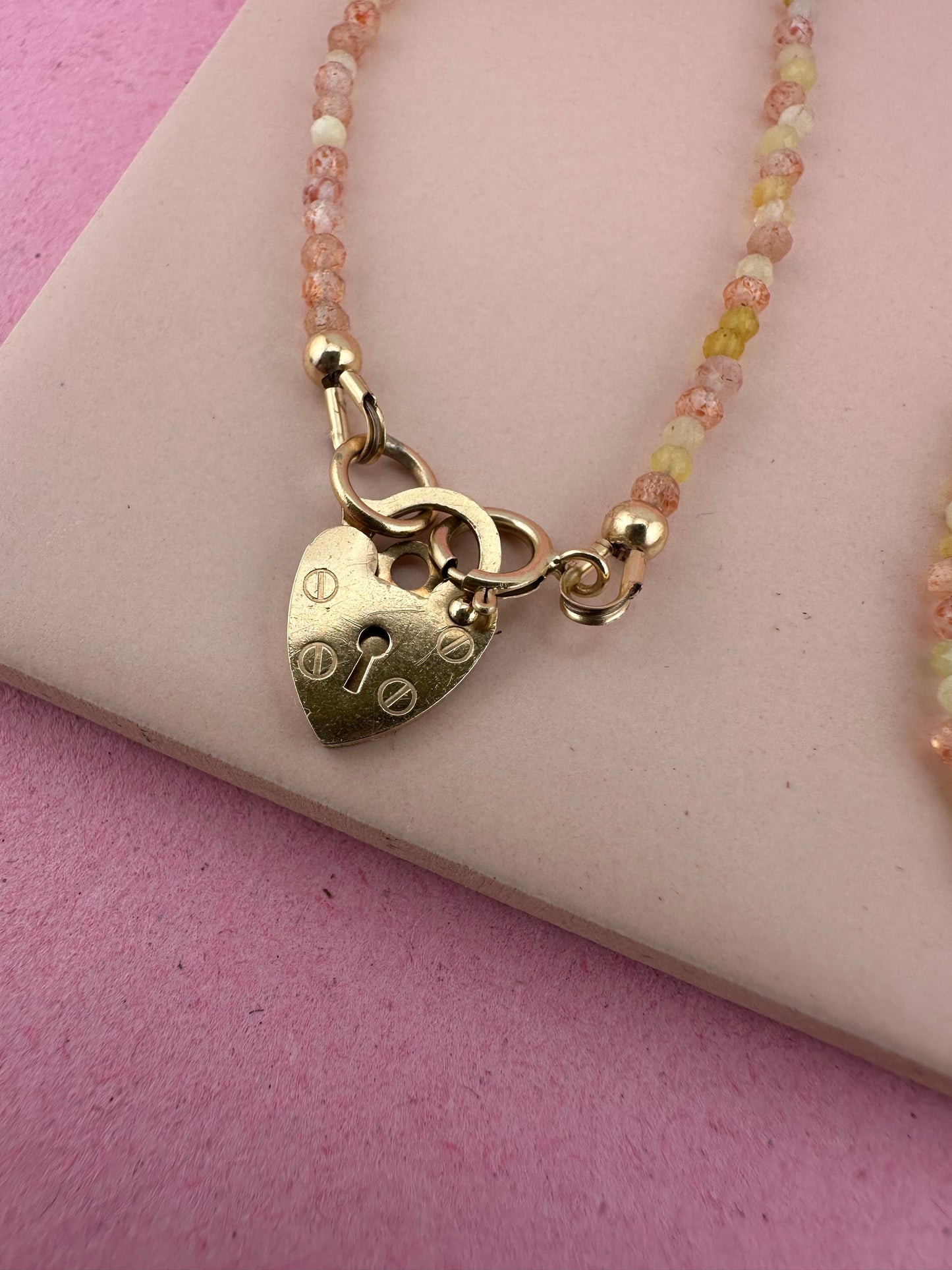 Sunstone and Yellow Opal Mini beads with Vintage Heart Padlock