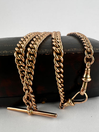 Antique 9ct Rose Gold Graduated Curb Albert chain with double faceted dog clips and fixed T-bar