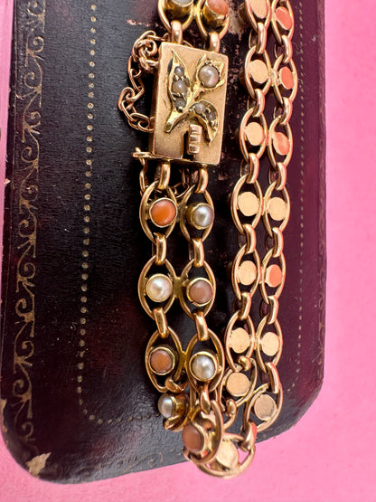 Antique 15ct Gold Coral and Pearl bracelet with stunning barrel clasp