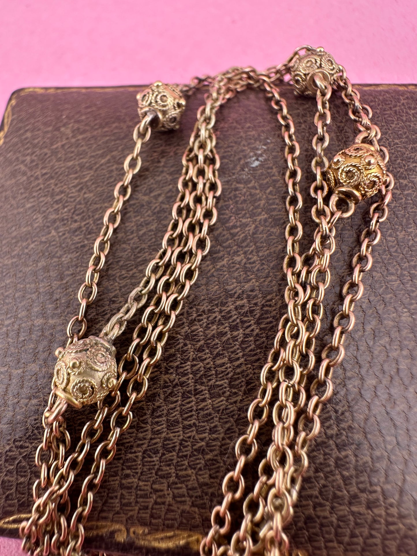 Antique 9ct Light Rose Gold Etruscan revival Orb Station chain