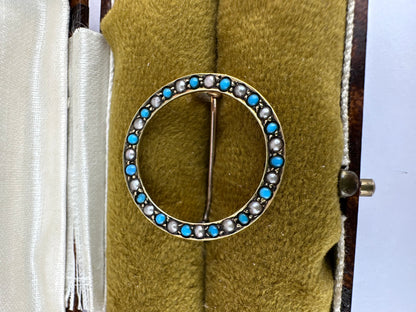 Antique 15ct Gold Turquoise and Pearl circle brooch