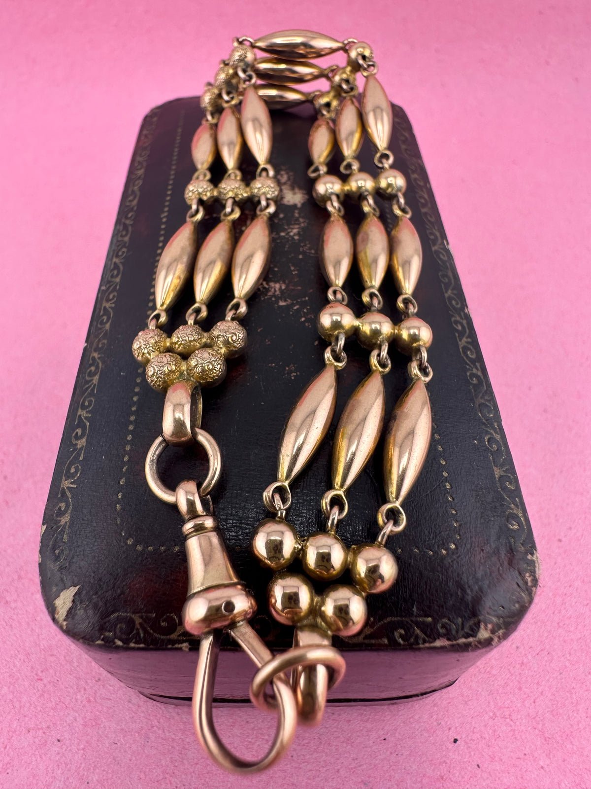 Antique 9ct Rose Gold Bead Gare bracelet with dog clip