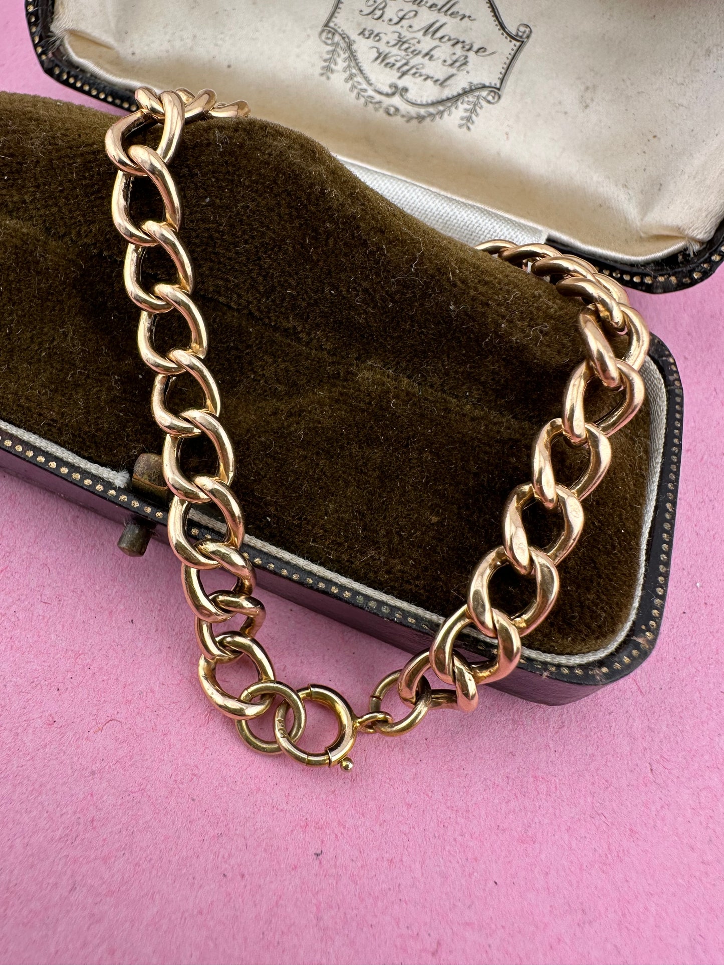 Antique 9ct Peachy Rose gold Curb bracelet with bolt clasp
