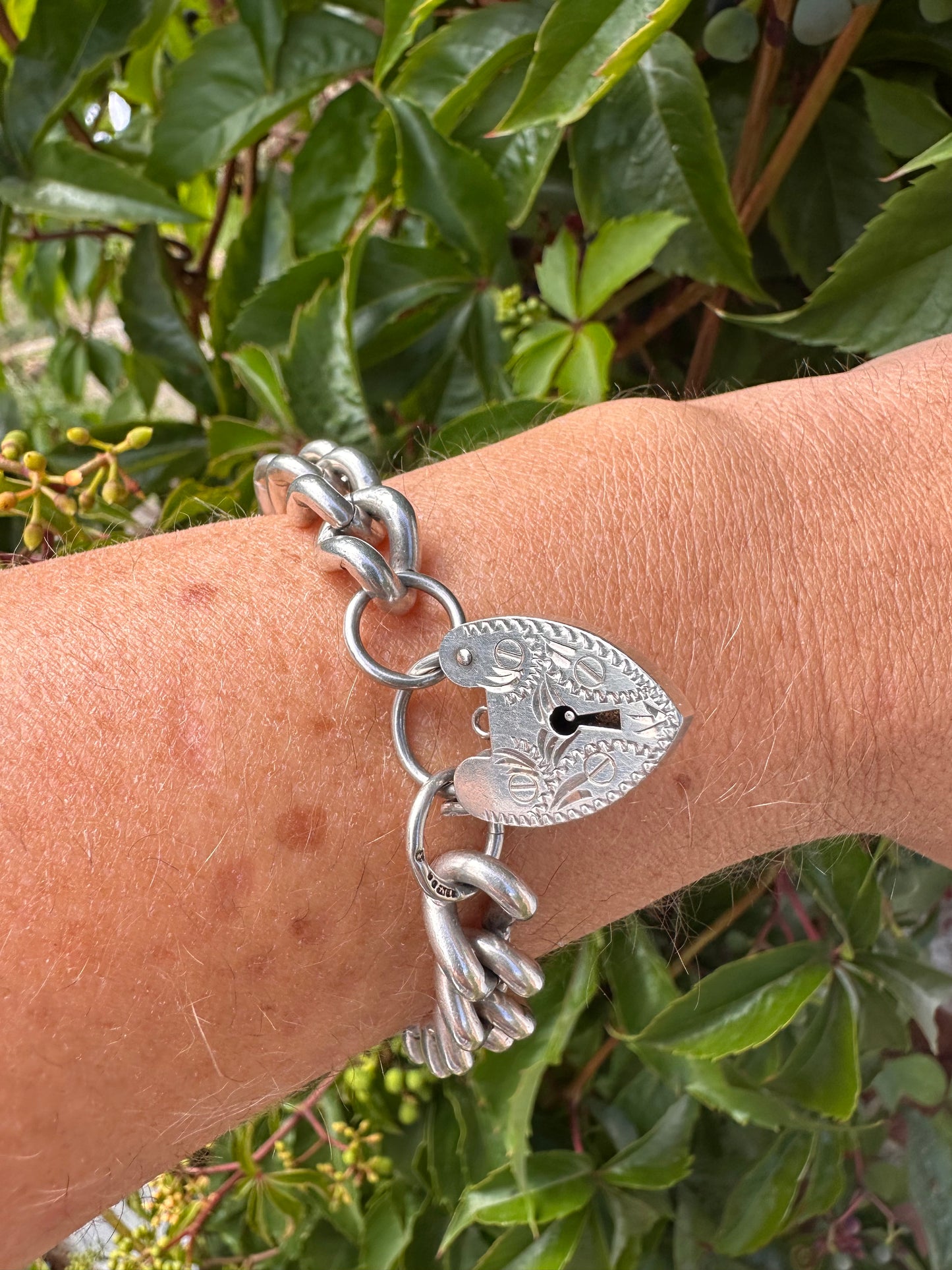 Sterling Silver Chunky curb bracelet with XL engraved heart padlock
