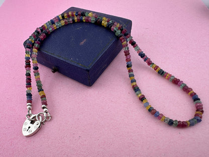 Rainbow- Mixed Gemstone Mini beaded necklace with Vintage Sterling Heart Padlock