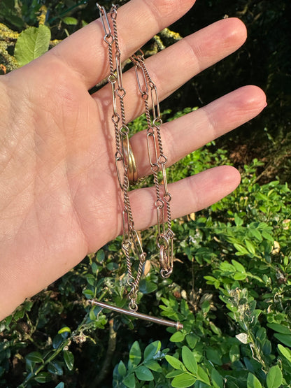 Antique 9ct Rose Gold Trombone and twist Albert chain with bolt clasp and T-bar