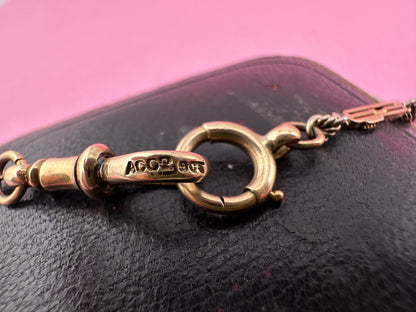 Antique 9ct bi-colour bar and lovers knot Albert chain with floating t-bar, dog clip and bolt clasp
