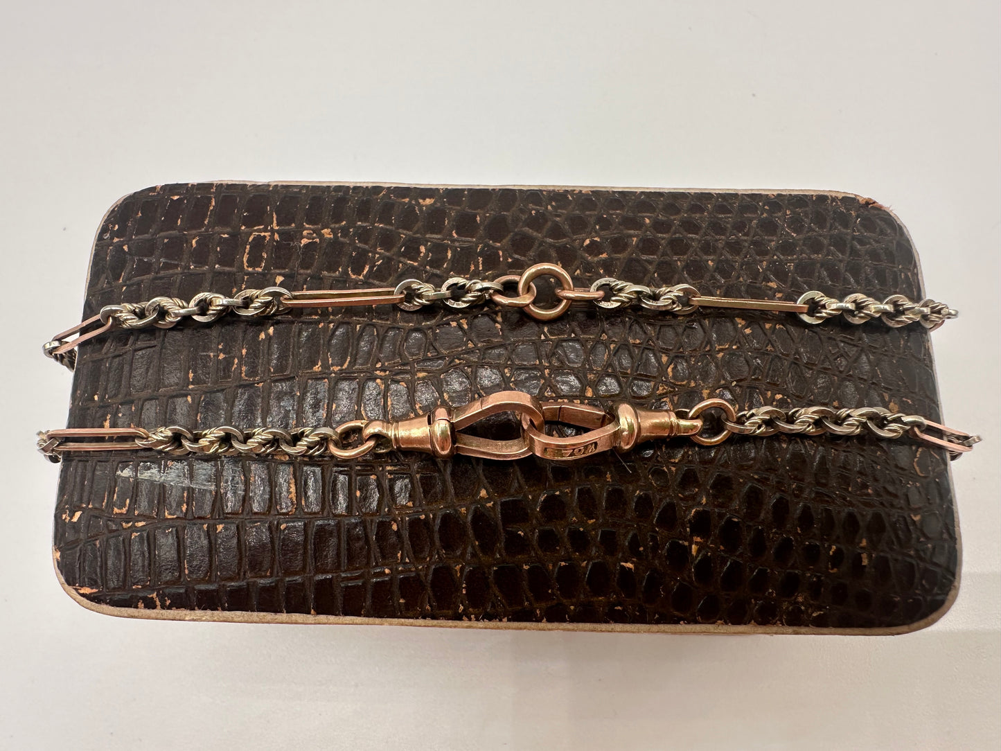 Antique 9ct Rose and White Gold Trombone and Lovers Knot chain