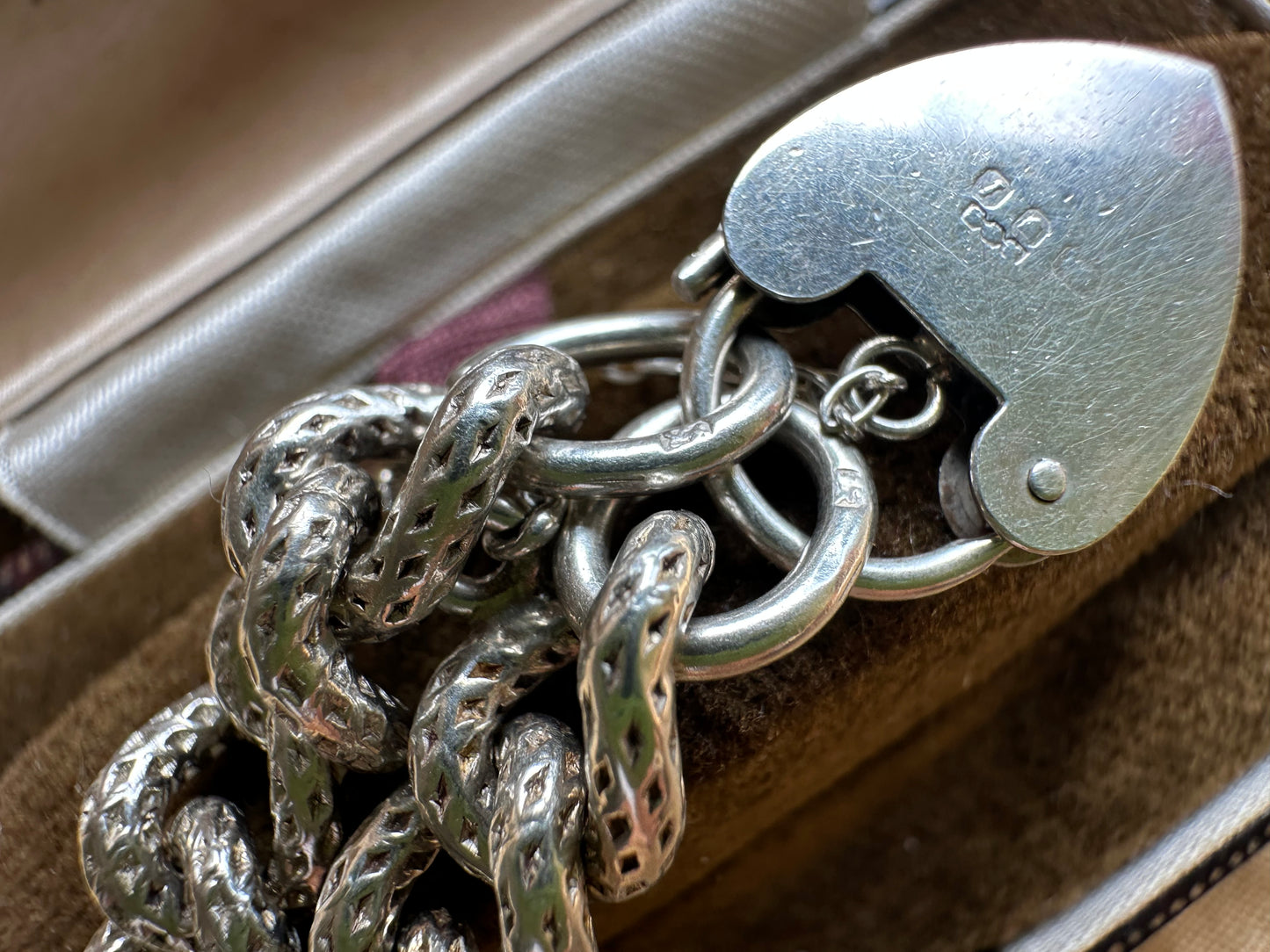 Sterling silver textured chunky curb bracelet with heart padlock