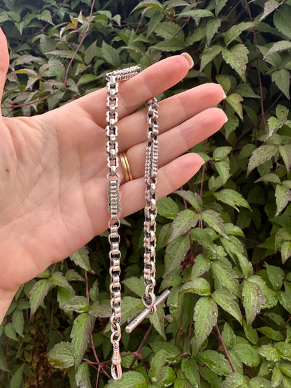 Sterling Silver bars & fancy link Albert chain wi the T-bar and dogclip